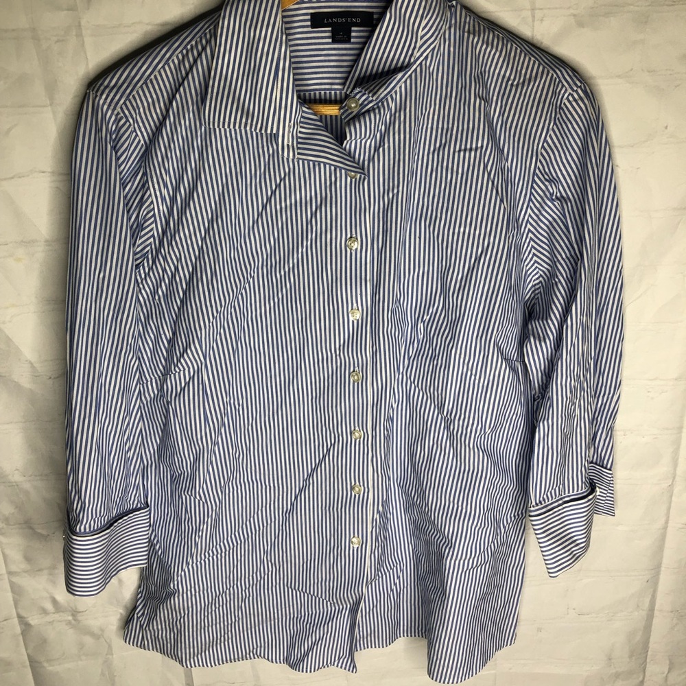 Lands’ End Womens Blue White Striped 3/4 Sleeve Button Down Blouse Shirt Size 16